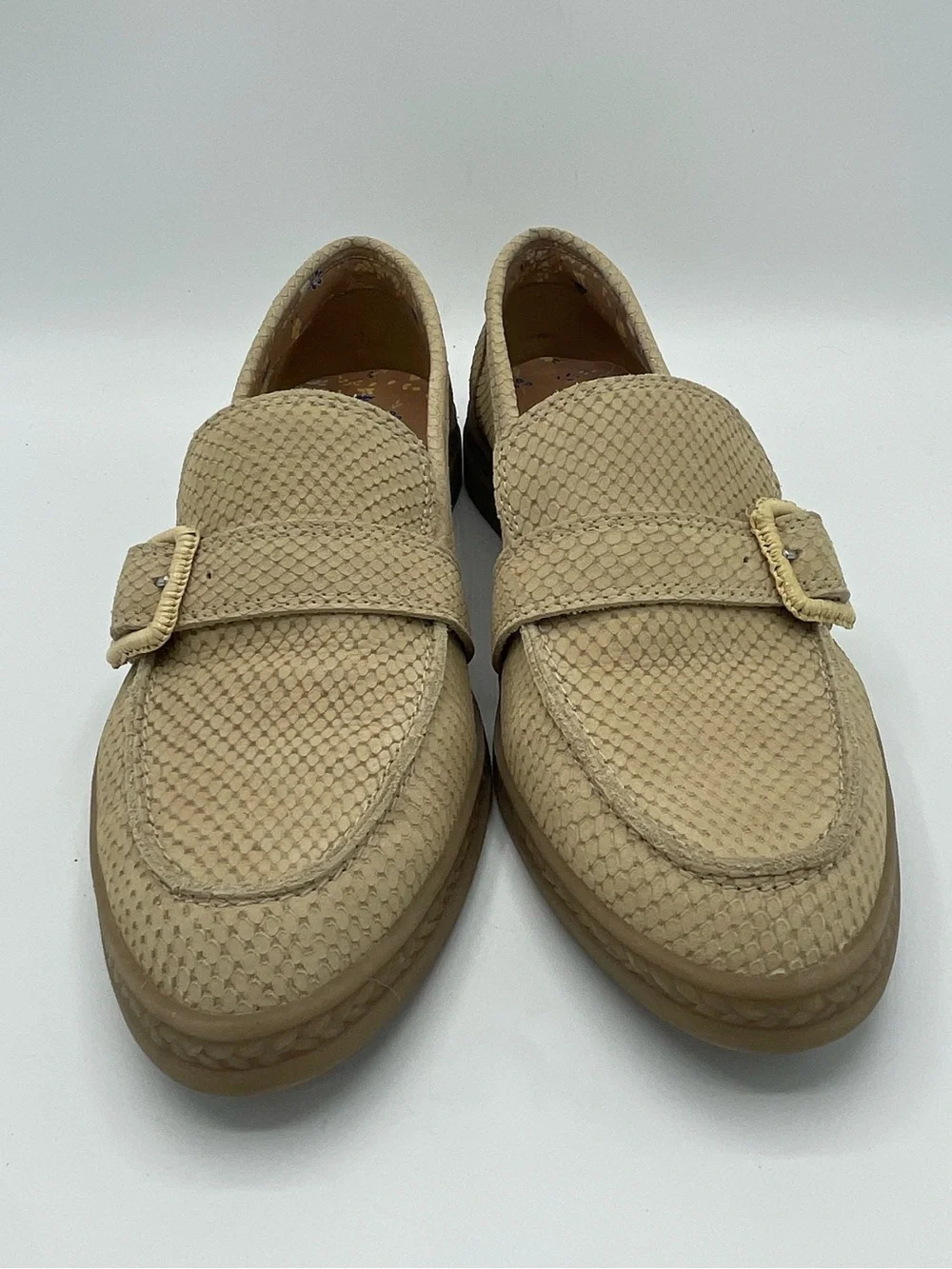 Lucky Brand Ryder’s Snake Embossed Leather Beige Textured Buckle Loafers